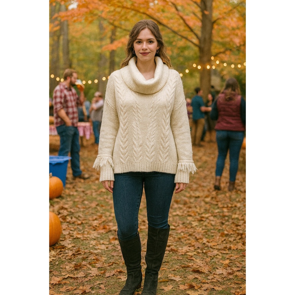 Vintage America XL Beige Cable Knit Fringe Cowl Neck Fisherman Sweater Boho
